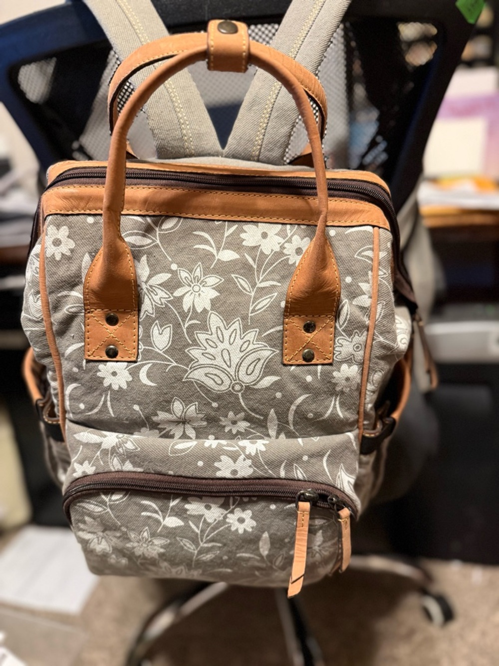 Floral Canvas Backpack with Tan Leather Trim
